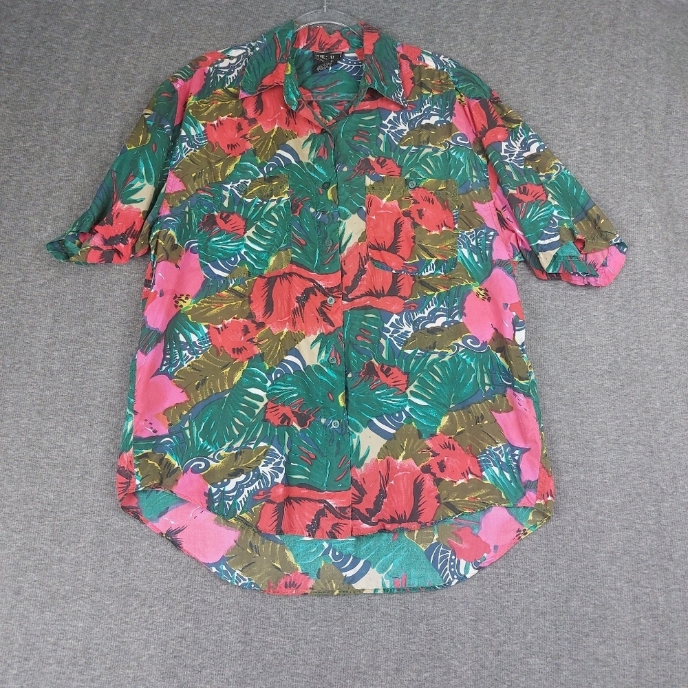 WHISTLES WOMENS VINTAGE GREEN PINK 100% SILK FLORAL TROPICAL HAWAIIAN SHIRT SZ L